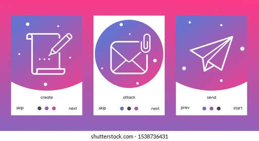 Email outline icons set o posters, banners vector illustration. Creat sign with pencil writing on paper, attach envelope with clip, send icon with paper plane. Skip, next, prev and start buttons.