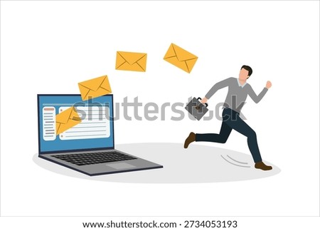 Email overload too many junk mails that reduce efficiency and productivity in work and time management concept, businessman office guy run away from overload flying mail letter from computer laptop.

