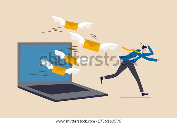 Email overload too many junk mails that reduce\
efficiency and productivity in work and time management concept,\
businessman office guy run away from overload flying mail letter\
from computer laptop.