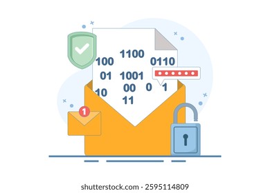 Email password encryption message concept, secure chat and secret message, security and protection for communication, protective padlock notification number for website. flat vector illustration.