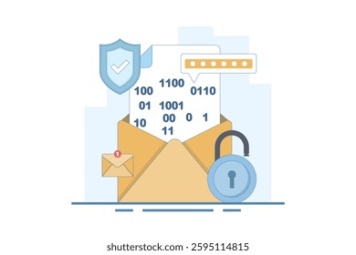 Email password encryption message concept, secure chat and secret message, security and protection for communication, protective padlock notification number for website. flat vector illustration.