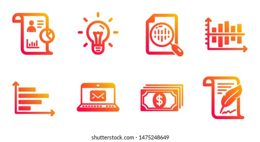 E-mail, Payment and Analytics chart line icons set. Horizontal chart, Idea and Report signs. Feather symbol. New message, Finance. Education set. Gradient e-mail icons set. Vector