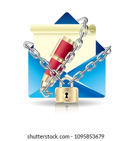 Email and pen locked by a chain.Isolated on white background.