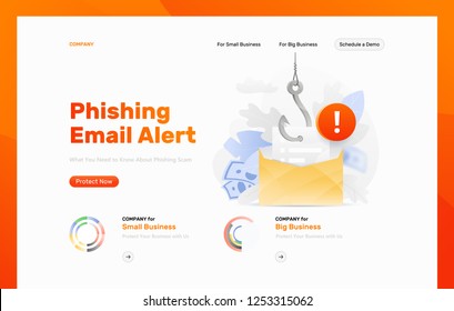 E-Mail Phishing Alert Vektorillustration Design Vorlage. Ein Umschlag auf einen großen symbolischen Haken mit einem Warnzeichen. Konzept der Cyberkriminalität und des Betrugs.