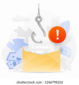 Email phishing alert vector illustration. An envelope on a big symbolic hook with an alert sign. Cybercrime and fraud concept.