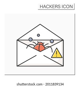 Icono de color de phishing de correo electrónico. Error en el pictograma de línea de sobre de correo. Concepto de estafa postal, fraude e inyección de software malicioso.Presentación de seguridad en Internet. Ilustración vectorial aislada