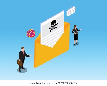 Phishing por correo electrónico, ciberseguridad y amenaza de ransomware. Dos Personas de Negocios Cerca de un Mensaje Malicioso 3d Ilustración vectorial isométrica