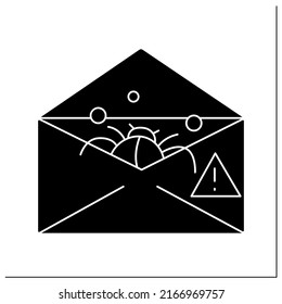 Email phishing glyph icon. Bug in mail envelope. Concept of postal scam, fraud and malicious software injection.Internet security presentation.Filled flat sign. Isolated silhouette vector illustration