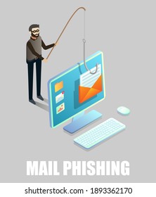 Email phishing. Isometric hacker, cyber thief stealing email message from computer using fishing rod and hook, vector illustration. Phishing scam, attack.