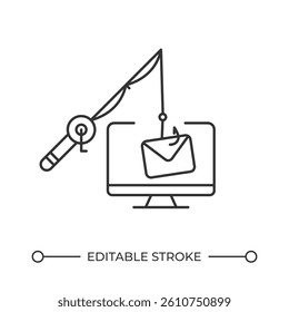 Email phishing line icon. Break in to online accounts. Sending letters with deceptive links. Stealing data. Isolated vector illustration. Outline symbol. Simple linear drawing. Editable stroke