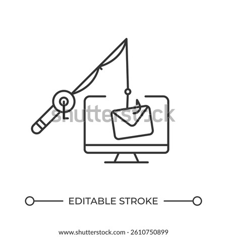 Email phishing line icon. Break in to online accounts. Sending letters with deceptive links. Stealing data. Isolated vector illustration. Outline symbol. Simple linear drawing. Editable stroke