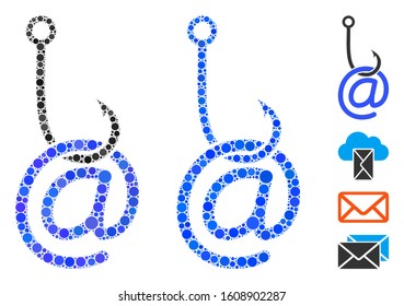 Email phishing malware mosaic of round dots in various sizes and color hues, based on email phishing malware icon. Vector round dots are composed into blue composition.