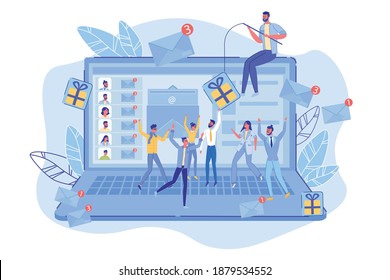 Email Phishing. Mass Emailing Marketing, Spamming. Man Offering With Gift Certificate Or Flyer Hanged Fishing Rod Hook. People User Group Jumping, Trying To Get Present. Vector Illustration