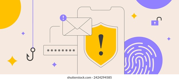 E-Mail-Phishing, Warnung vor mobilem Betrug, Malware-Benachrichtigung bei Betrug. Schutz vor Spam-Mails, Hook-Trojanern und Online-Bedrohungen. Vektor-isolierte Illustration auf weißem Hintergrund mit Symbolen