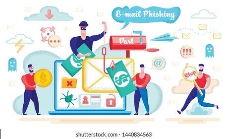 E-mail Phishing, Money Fraud in Internet, Spyware Software or Application Flat Vector Concept with Rogue Criminal, Hacker Thief, Fooling Internet User, Stealing Money with Email Spoofing Illustration