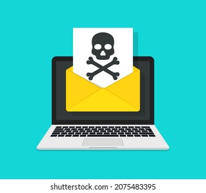 Email phishing. Virus and spam from hacker in laptop. Icon of ransomware in mail. Attack of fraud on email. Malware with scam on computer. Skull in envelope in flat style. Vector.