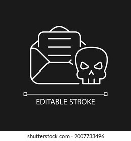 Email Phishing White Linear Icon For Dark Theme. Cyber Attack By Sending Malicious Email. Thin Line Customizable Illustration. Isolated Vector Contour Symbol For Night Mode. Editable Stroke