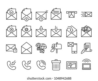 Email, phone and communication thin line icons. Vector illustration design for contact related subjects. Receiving, sending, reading, saving etc.