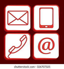 E-mail and phone icons set. Flat vector red collection.