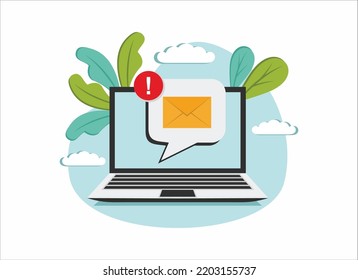 email problem notification on laptop computer display screen concept, flat vector illustration