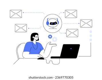 E-mail processing abstract concept vector illustration. Woman deals with automation email sending and receiving, machine learning, software to automate business processes abstract metaphor.