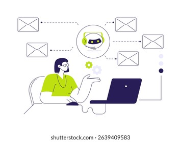 E-mail processing abstract concept vector illustration. Woman deals with automation email sending and receiving, machine learning, software to automate business processes abstract metaphor.
