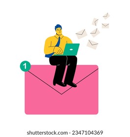 Email processing, efficiency or productivity, business man checks mail. Flat vector illustration isolated on white background
