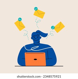 Email processing, efficiency or productivity, woman checks mail. Colorful vector illustration
