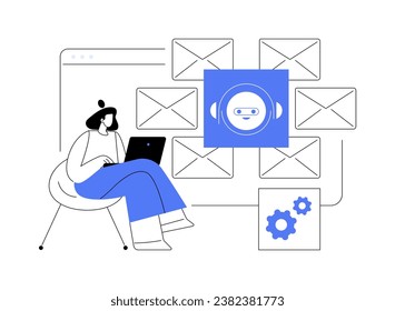 E-mail processing isolated cartoon vector illustrations. Woman deals with automation email sending and receiving, machine learning, software to automate business processes vector cartoon.