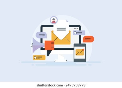 Email promotion campaign, Sending email, newsletter to customers, Audience engaged with email content, Communication mail - vector illustration with icons