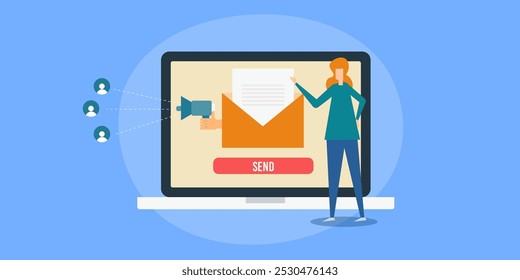 Email promotion concept, Sending email to potential customers, Customer opening email messages, Email advertising campaign - vector illustration background with icons