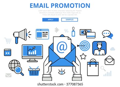 Email promotion digital marketing online promo concept flat line art vector icons. Modern website infographics illustration hero image web banner printed material. Creative lineart collection.