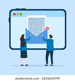 email promotion illustration concept. Characters planning marketing strategy, sending advertising letters, promotional offers with sales and discounts. Ecommerce business concept. Vector illustration.