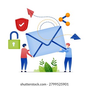 Email protected with a shield and padlock, flat illustration vector design of people carrying large emails for cybersecurity and data privacy concept