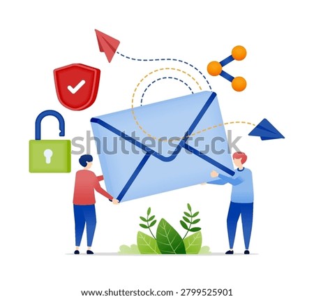 Email protected with a shield and padlock, flat illustration vector design of people carrying large emails for cybersecurity and data privacy concept