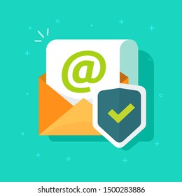 Email protected with shield vector icon, flat cartoon e-mail envelope with document page secure protection concept, idea of private data defence, encryption or antivirus tech sign or symbol isolated