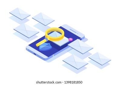 E-mail protection,  anti-malware, anti spam isometric concept. Flat vector illustration 