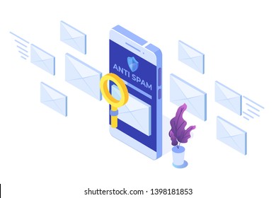 E-mail protection,  anti-malware, anti spam isometric concept. Flat vector illustration 
