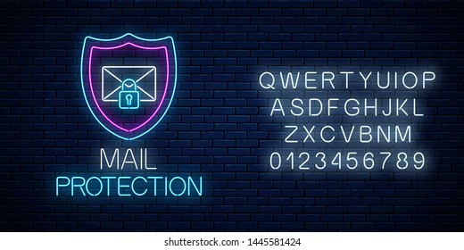 E-mail protection glowing neon sign with alphabet on dark brick wall background. Cyber security symbol with shield, letter and padlock. Vector illustration.