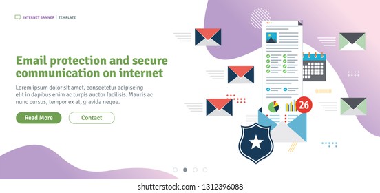 Email protection and secure communication on internet. Antivirus for protection, security and blocking of spam. Template in flat design for web banner or infographic in vector illustration.