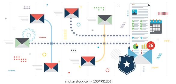 Email protection and secure communication on internet. Antivirus for protection, security and blocking of spam. Template in flat design for web banner or infographic in vector illustration.