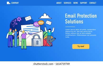 Email protection solutions, secure private messages concept. Small people stand near big email letter. Modern design vector illustration. Web landing page template