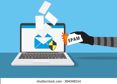 Email protection from spam. Human hand holds burning spam letter