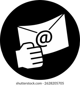 Email received icon on black round background. Reaching online audience.