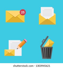 Email received, opened, written and deleted flat design vector illustration