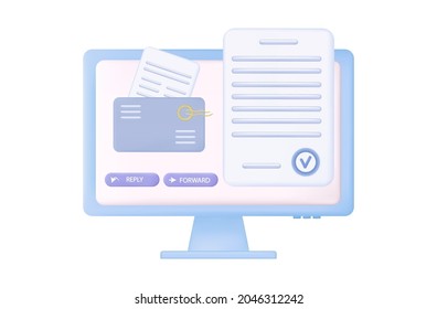 Respuesta por correo electrónico 3d. Entrega de mensajes, cartas, boletines en un sobre en línea. Respuesta del botón de flecha hacia delante. Adjuntos reciben o envían el documento. Dirección de contacto, compartir o suscribirse. Vector 