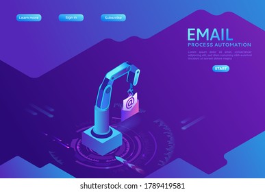 Email robotic automation, robotic arm holding message, analysis of documents, kpi analytics, digital technology in finance, 3d  isometric illustration, purple background, website template