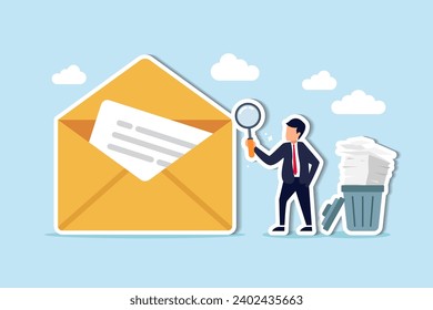 Email scan for cyber security, data protection or junk mail, online communication technology, safety and protection concept, businessman scan email with magnifying glass throw junk mail into bin.