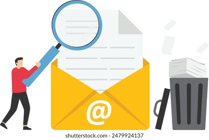 Email scan for cyber security, data protection or junk mail, online communication technology, safety and protection concept, businessman scan email with magnifying glass throw junk mail into bin.

