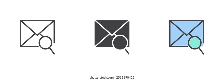 Email scan different style icon set. Line, glyph and filled outline colorful version, outline and filled vector sign. Search mail symbol, logo illustration. Vector graphics